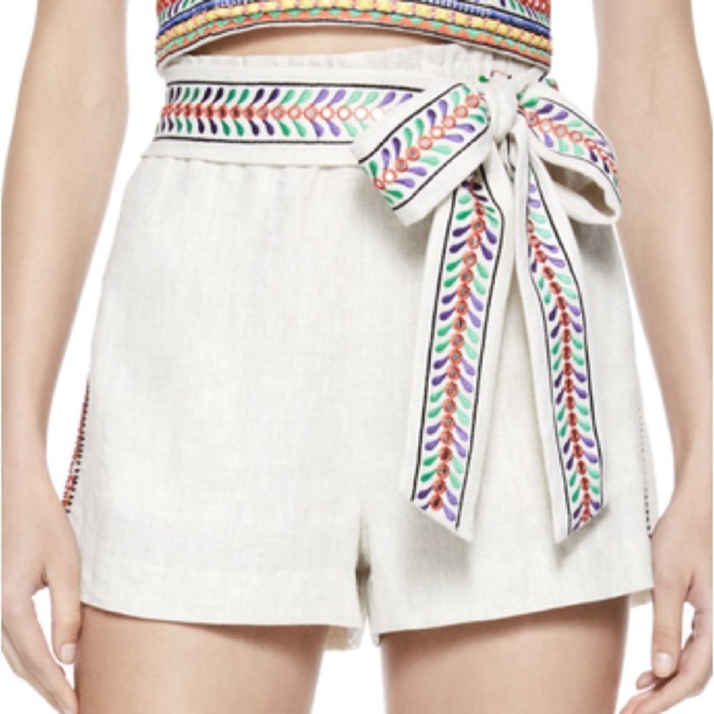 Alice + Olivia Linen Embroidered Paperbag Shorts